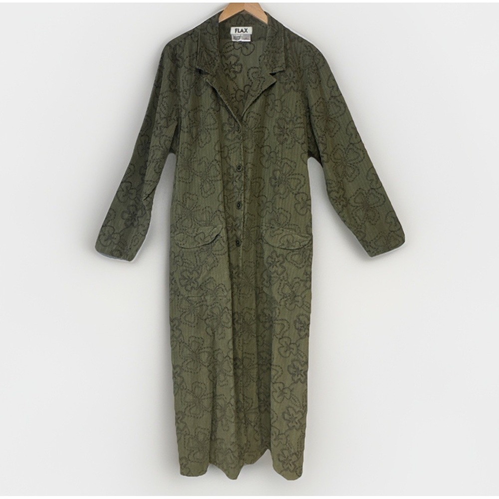 FLAX Legendary M Cotton Embroidered Maxi Duster Jacket Green Lagenlook Dress